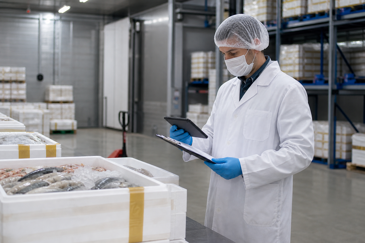 Inspetor revisando controles de compliance em operação de pescados